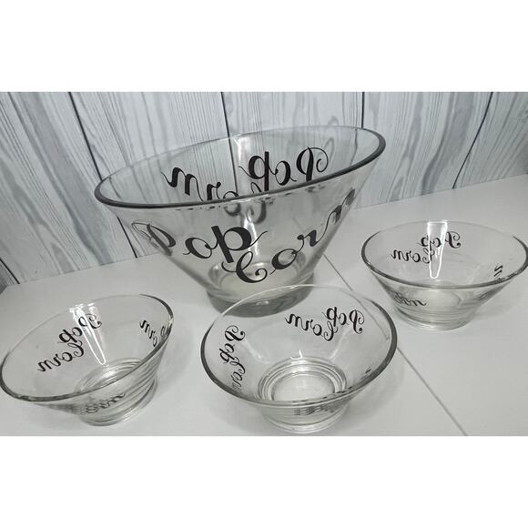 Vintage Movie Night Glass Popcorn Bowl Set with Serving & 3 small bowls - Picture 1 of 7